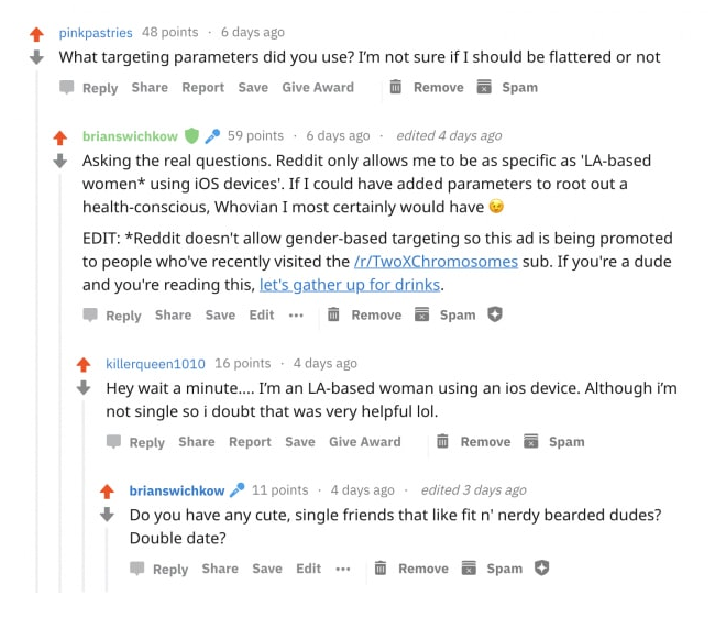 Reddit comment thread on the Stoned and Single ad: users ask about targeting parameters and Brian replies with detail about LA-based iOS women targeting.