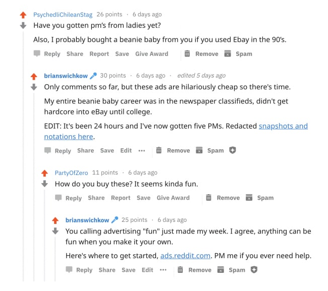 Continued Reddit comment thread: replies about beanie babies and advertising-as-fun, with Brian engaging earnestly and snarkily.