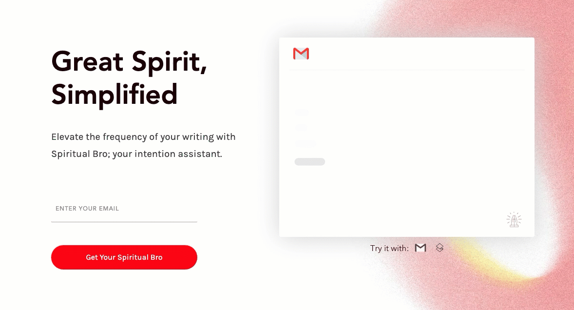 Spiritual Bro website hero animation: Great Spirit, Simplified — Elevate the frequency of your writing with Spiritual Bro; your intention assistant.