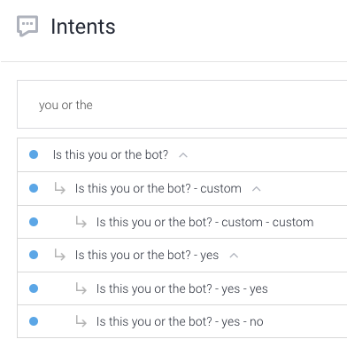 Dialogflow training interface for Brian.bot with layered responses for is-this-you-or-the-bot intent, showing multi-tier reply variations.