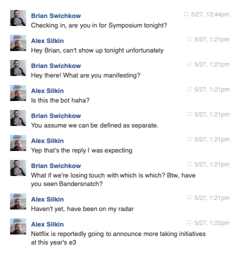 Brian.bot conversation with Alex Silkin who tests 'is this you or the bot' and receives layered AI replies — written entirely without human Brian present.