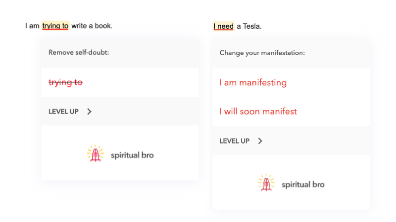 Two Spirit Check examples side-by-side: 'I am trying to write a book' suggests removing 'trying to' to remove self-doubt; 'I need a Tesla' suggests 'I am manifesting' or 'I will soon manifest' to change your manifestation.