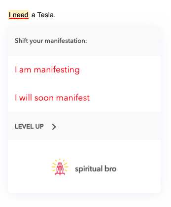 Spirit Check suggestion popover triggered on 'I need a Tesla' — suggests 'I am manifesting' or 'I will soon manifest' to shift your manifestation.