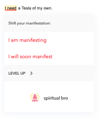 Updated Spirit Check trigger on the new phrasing: 'I need a Tesla of my own,' suggesting 'I am manifesting' or 'I will soon manifest.'