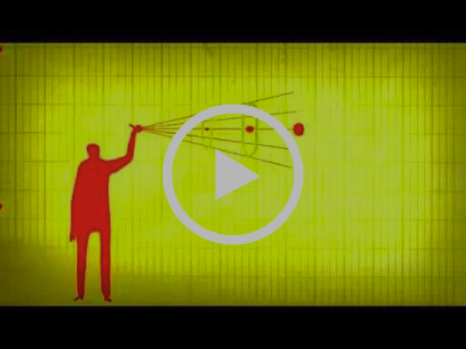 Video thumbnail: a red silhouette pulls open a pattern of strings against a yellow grid background, with a play button overlay.