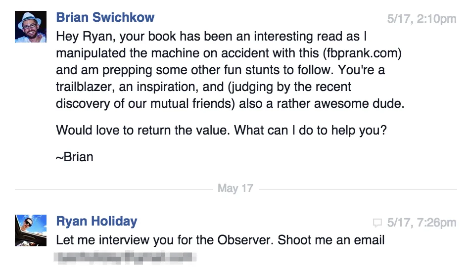 ryan holiday trust me I'm lying facebook message